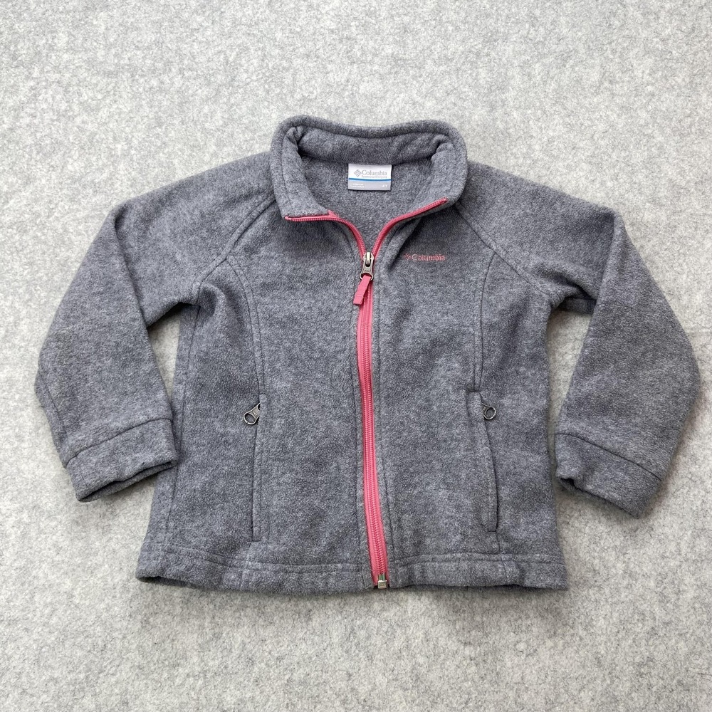 Columbia Jacket Girls 4T Gray Fleece Full Zip Pink Trim Pockets Outdoor